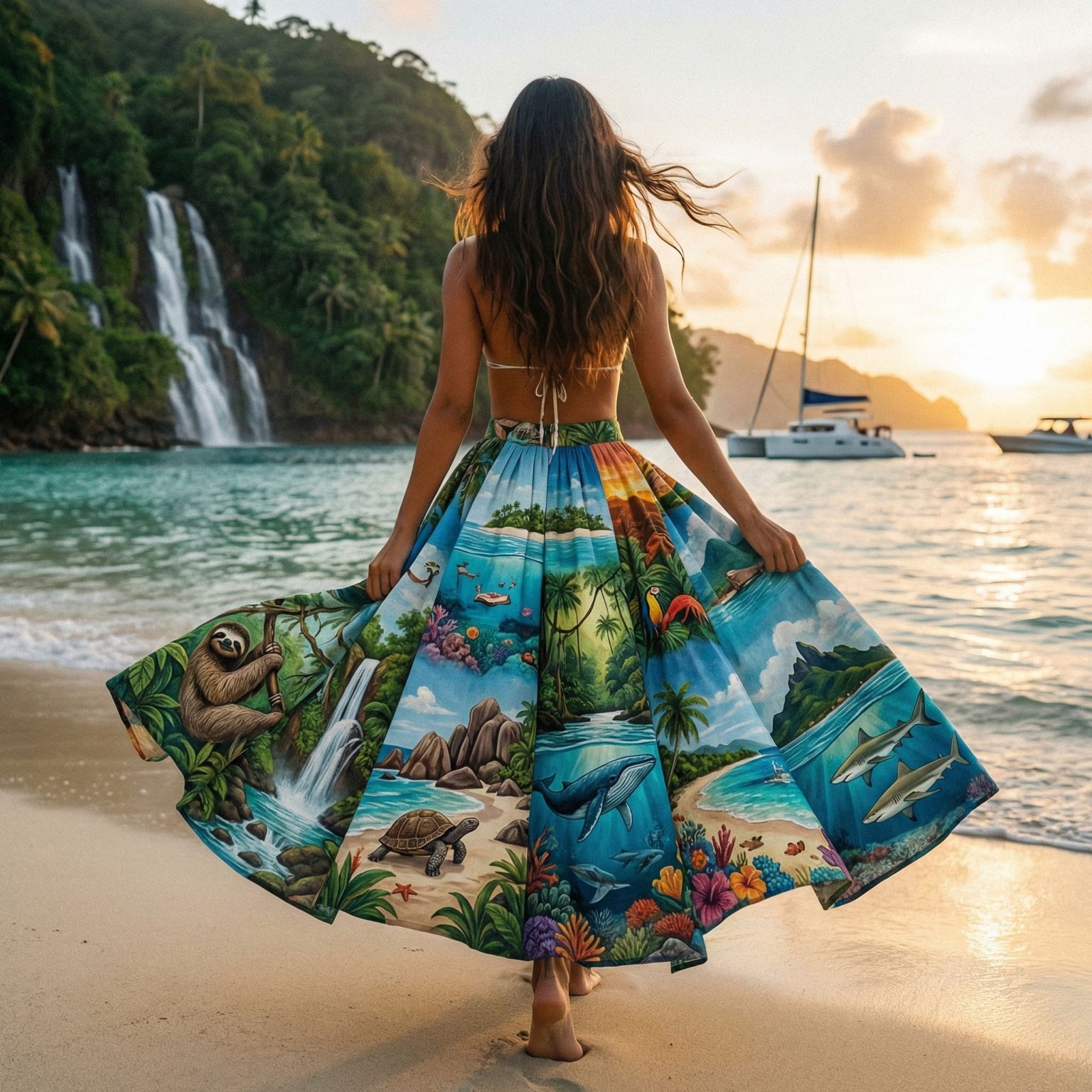 Mujer con falda Trópico Privé inspirada en Colombia, Maldivas y Seychelles